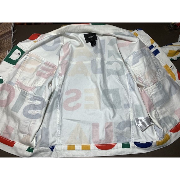 Desigual Multicolor Logo Print White Denim Jean Jacket L Graphic Button Front - Picture 5 of 16